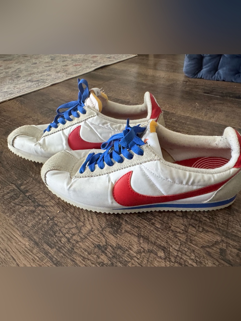 Nike White Sneakers with Red Swoosh & Blue Laces